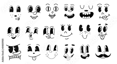 Cool retro face. Emotion vintage mascot with eyes and mouths. Funny comic characters set. Animation logo set. Disappointed or cheerful emoticons. Vector isolated on white background.