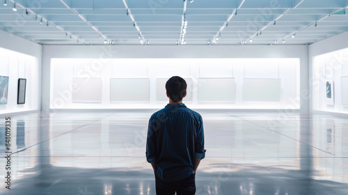 Young man admiring contemporary art in a modern gallery