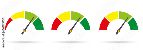 Speedometer icon set. Gauge, speed meter, risk indicator with arrow and colorful scale. Infographic dashboard design element. Vector illustration.