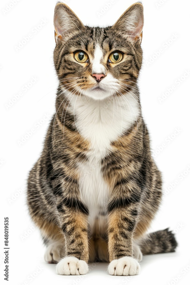 Obraz premium Close-Up of Tabby Cat on White Background. Generative ai