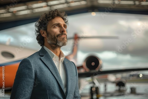 Stylish and confident businessman gazing into the distance with a private jet in the background, representing success and luxury photo