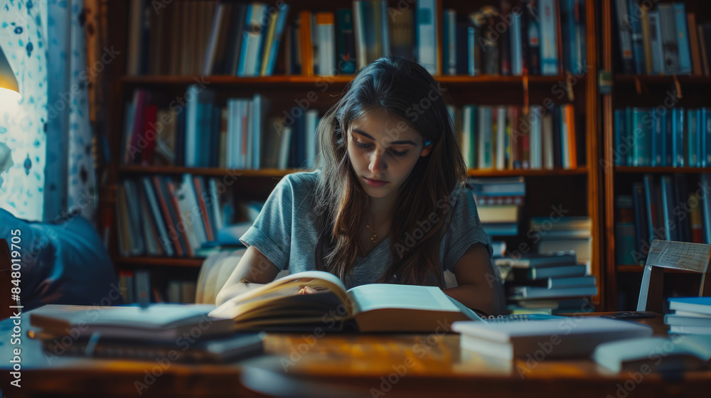 Young female student preparing for exams in a cozy library