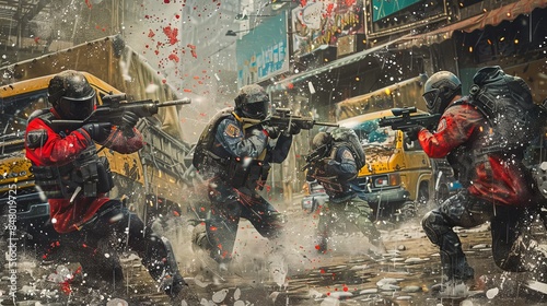 a mixed group of adults playing paintball in a post-apocalyptic themed arena, with abandoned vehicles and buildings as obstacles, wearing protective gear and themed outfits, paint splattering on the s photo