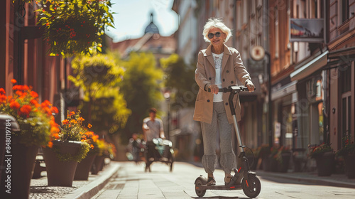 An elderly woman on a scooter rides around the city photo