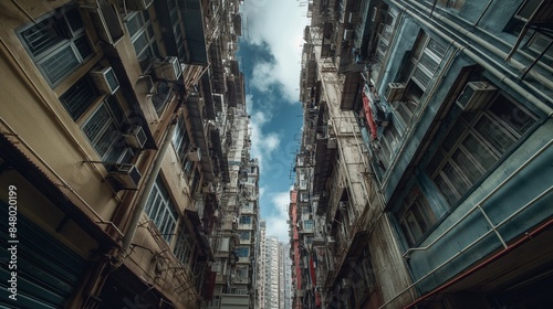 A narrow alleyway road between high-rise buildings in a bustling metropolis, with glimpses of the sky above, captured as if by an HD camera.