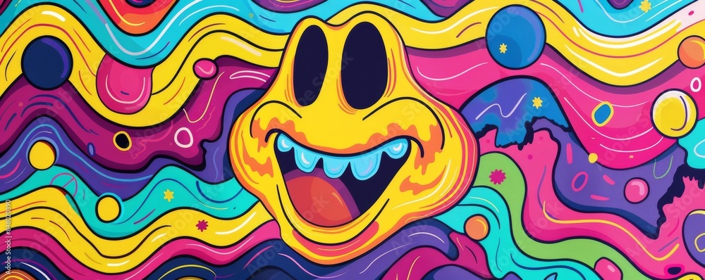 Fototapeta premium Funny cartoon monster face smiling and showing teeth over colorful abstract background