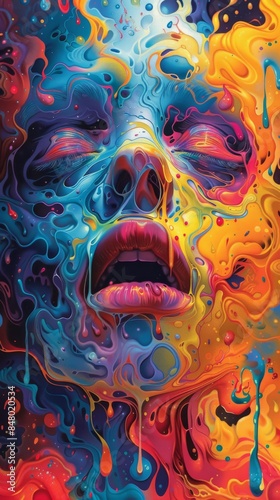 Woman face melting with colorful paint splashing creating abstract surreal portrait