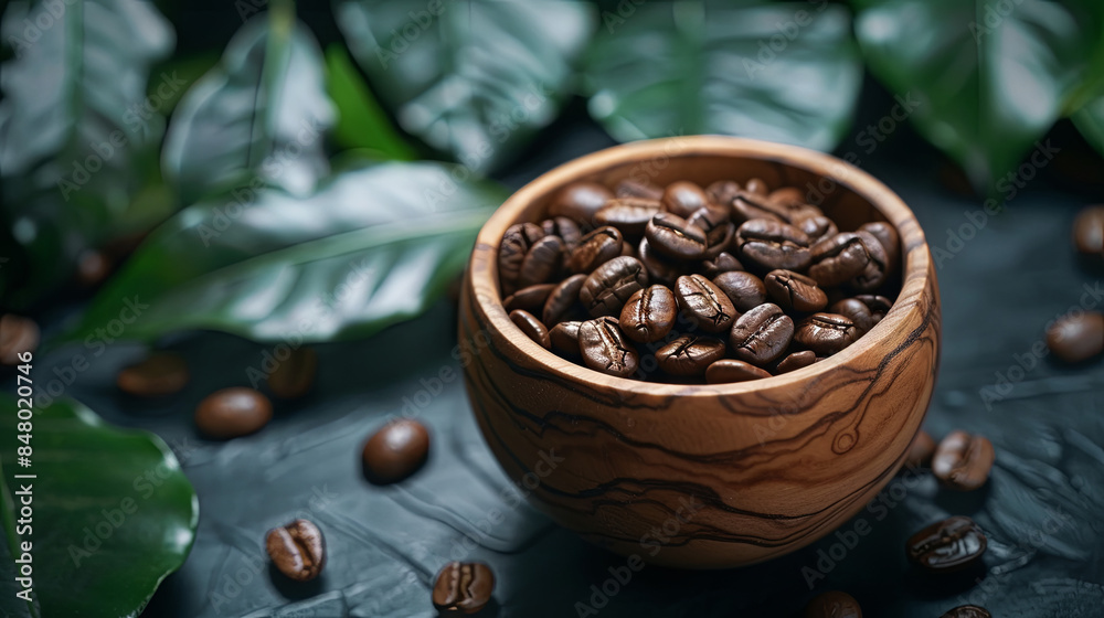 Coffee beans in a bowl on isolated background with green leaves Coffee beans in a bowl on isolated background with green leaves