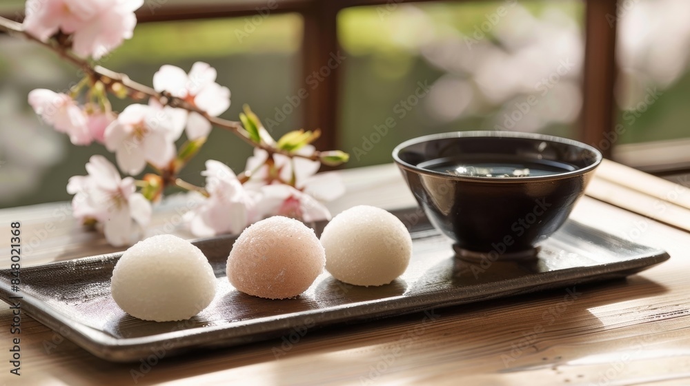 A serene setting of traditional Japanese sweets with cherry blossom branches in the background, creating a peaceful and calming atmosphere.