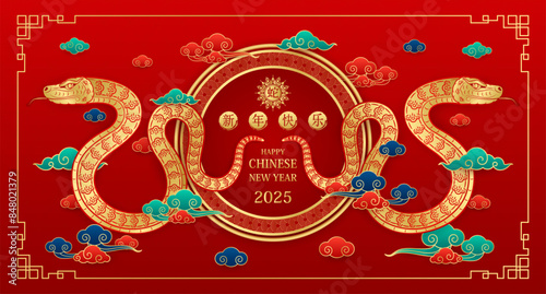 Happy Chinese New Year 2025. Chinese snake gold with clouds on red background for card design. China zodiac lunar calendar animal. Translation happy new year 2025, year of the snake. Vector.