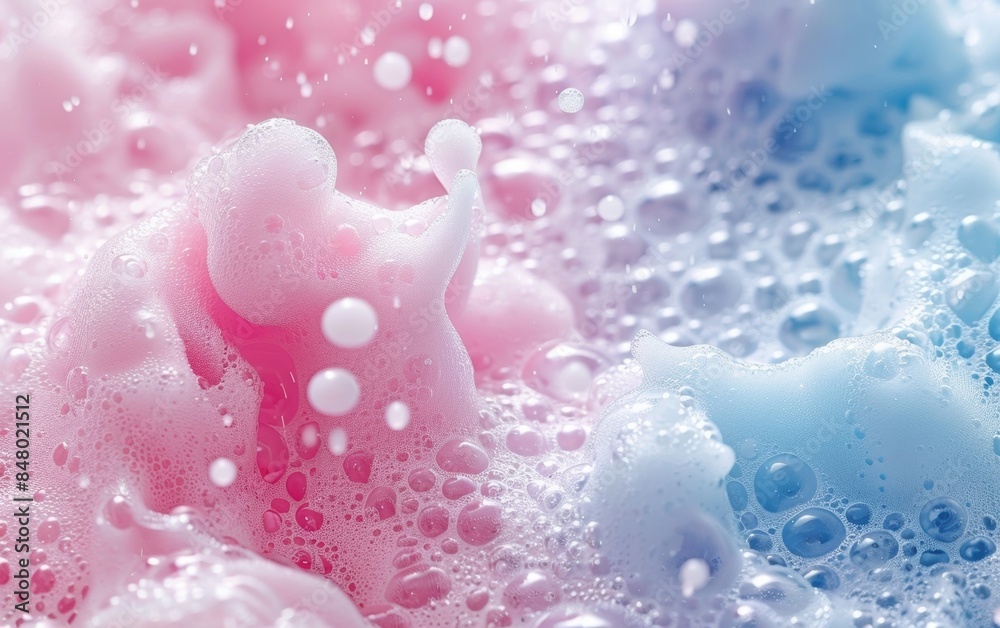 Close-up of fluffy soap foam in pastel pink and blue colors, creating a dreamy and soft texture. Ideal for backgrounds, beauty, and cleaning concepts. Close-up of fluffy soap foam in pastel pink and blue colors, creating a dreamy and soft texture. Ideal for backgrounds, beauty, and cleaning concepts.