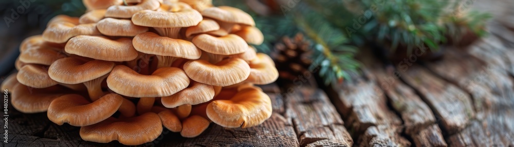Cluster of orange mushrooms growing on rustic wooden surface with pine needles in the background. Cluster of orange mushrooms growing on rustic wooden surface with pine needles in the background.