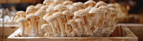 A close-up image of numerous fresh mushrooms in a wooden crate, showcasing their creamy color and detailed texture ideal for culinary or health-related themes.