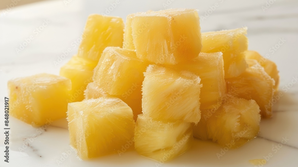 Freshly cut pineapple cubes on a white marble surface, juicy and vibrant, perfect for healthy snacks and tropical recipes. Freshly cut pineapple cubes on a white marble surface, juicy and vibrant, perfect for healthy snacks and tropical recipes.