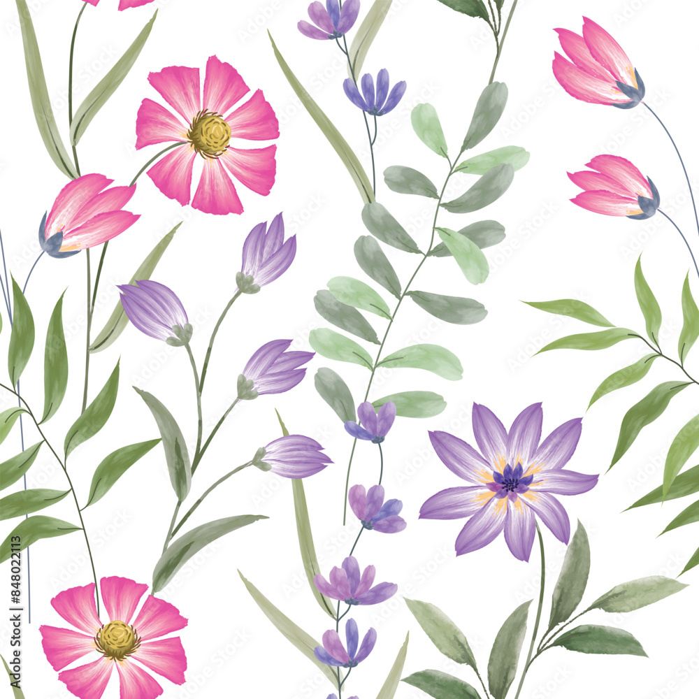 Blooming watercolor flowers vector seamless pattern. This pattern can be used for fabric textile wallpaper fashion design dress background.