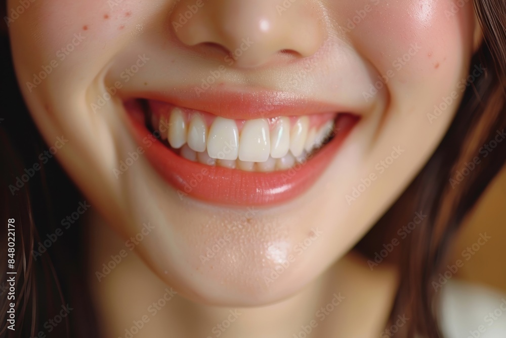 Obraz premium A close-up of a person smiling with white teeth and glowing skin, capturing a warm and joyful expression in natural lighting.