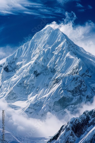 A majestic snow-covered mountain peak rising sharply against a deep blue sky © robfolio