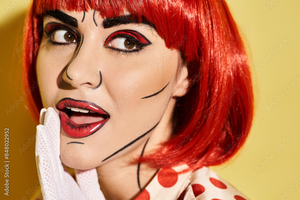 Fototapeta premium Close-up view of a pretty redhead woman with creative pop art makeup and polka dot blouse on a yellow background.