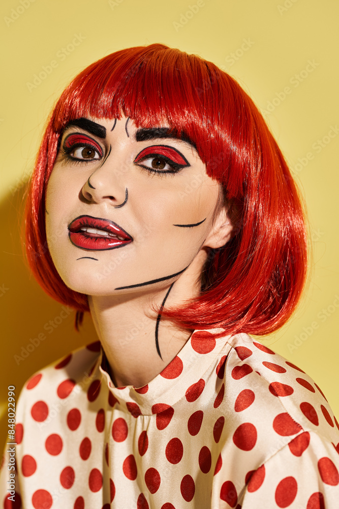 A striking redhead woman with pop art makeup dons a polka dot shirt against a yellow backdrop. A striking redhead woman with pop art makeup dons a polka dot shirt against a yellow backdrop.