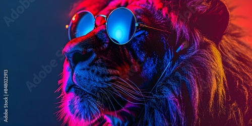 Rasta lion in earphones mirror glasses abstract background 80s Rastafarian synthwave style. Concept Rasta Lion, Earphones, Mirror Glasses, Abstract Background, 80s Rastafarian Synthwave Style