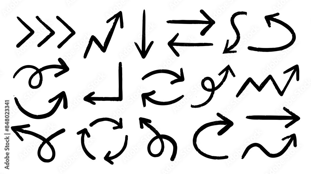 A set of Thin Arrows with Crayon pencil texture. Chalk brush dynamic cursors squiggles lines A set of Thin Arrows with Crayon pencil texture. Chalk brush dynamic cursors squiggles lines