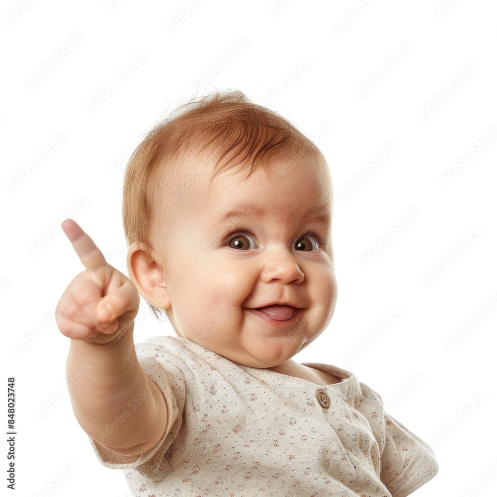 Lovey baby pointing to choose and press white background Lovey baby pointing to choose and press white background