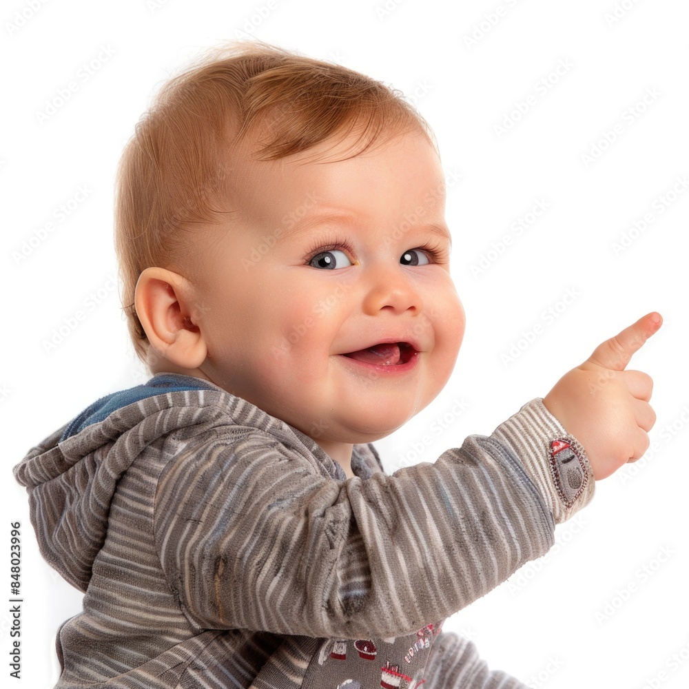 Lovey baby pointing to choose and press white background Lovey baby pointing to choose and press white background