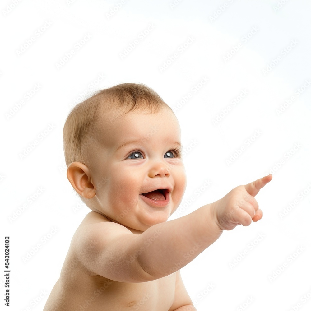 Lovey baby pointing to choose and press white background Lovey baby pointing to choose and press white background