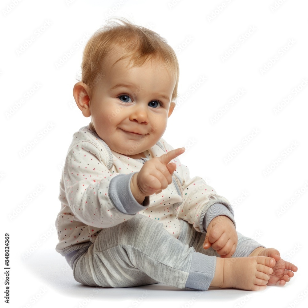 Lovey baby pointing to choose and press white background Lovey baby pointing to choose and press white background