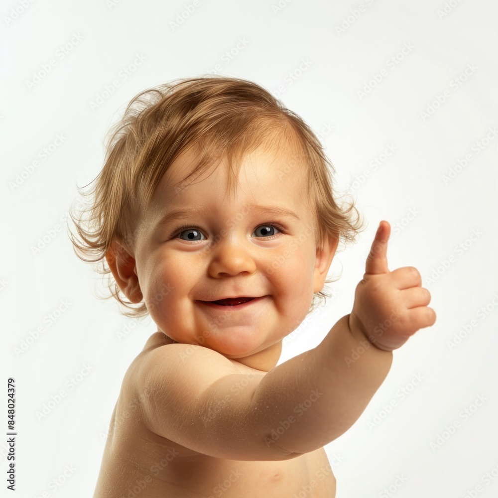 Lovey baby pointing to choose and press white background Lovey baby pointing to choose and press white background