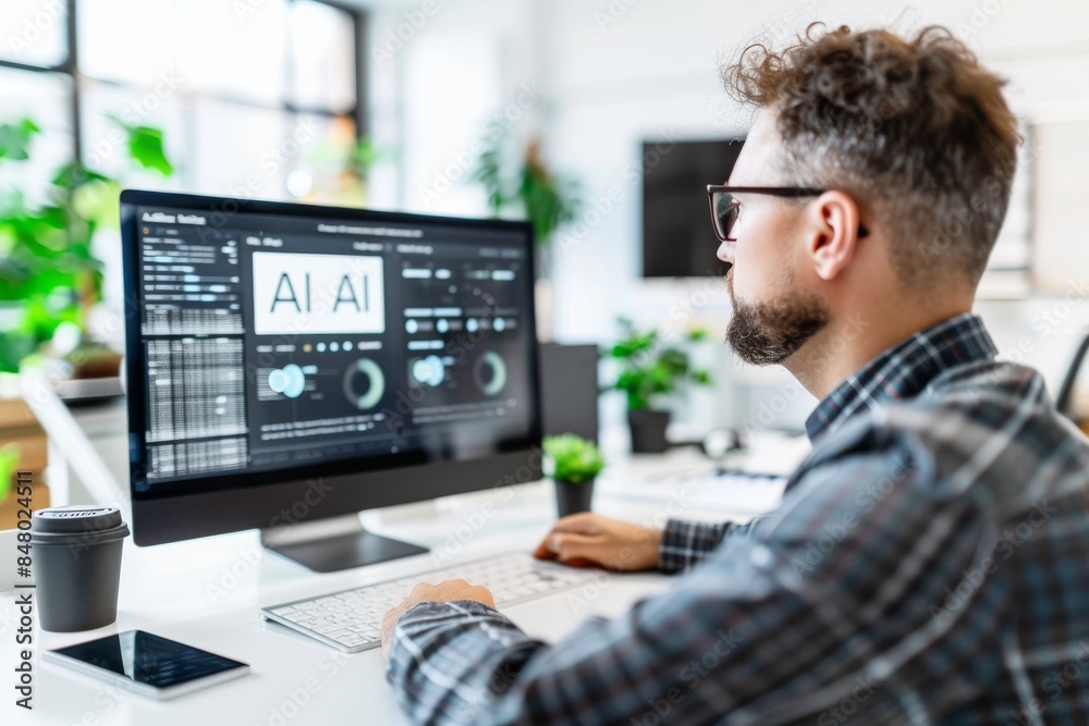 Man working on an AI project in a modern office, symbolizing advancements in artificial intelligence and professional technology. Man working on an AI project in a modern office, symbolizing advancements in artificial intelligence and professional technology.
