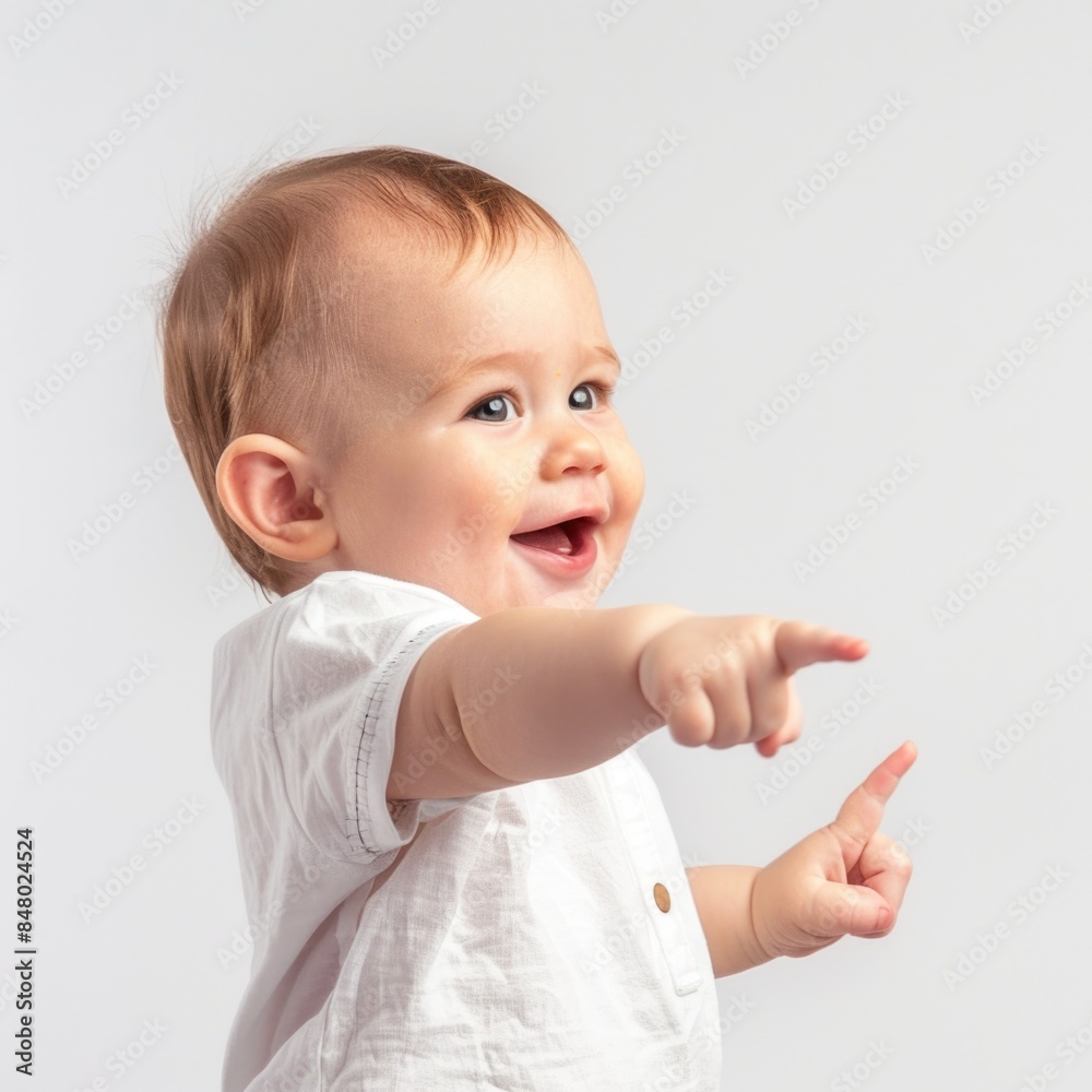 Lovey baby pointing to choose and press white background Lovey baby pointing to choose and press white background