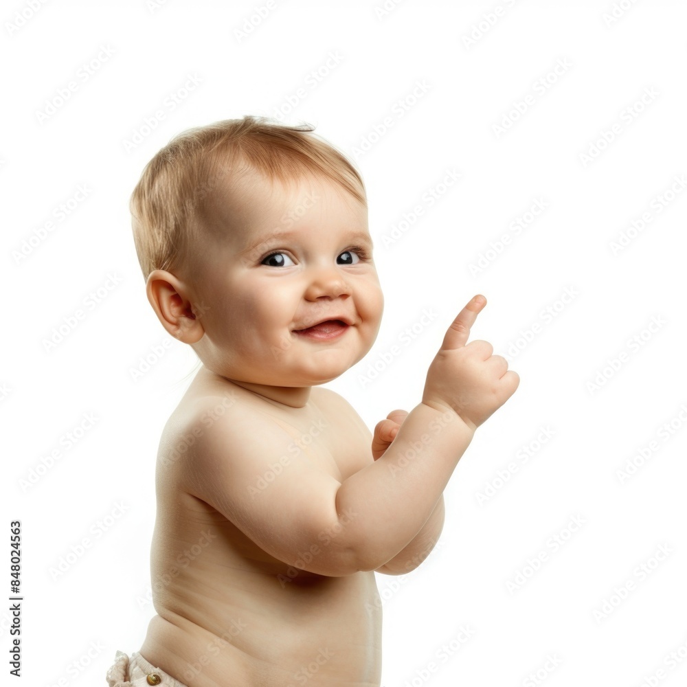 Lovey baby pointing to choose and press white background Lovey baby pointing to choose and press white background