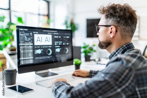 Man working on an AI project in a modern office, symbolizing advancements in artificial intelligence and professional technology. © Leo