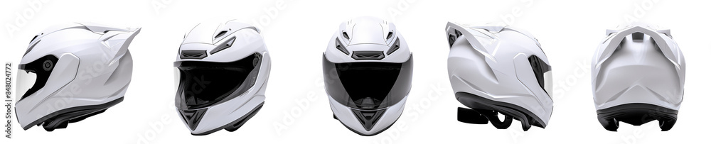 Set collection of white motorcycle carbon integral crash helmet isolated on transparent background cutout, PNG file. template for artwork design. transportation safety conceptt