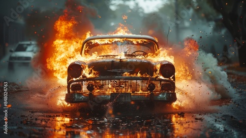 Burning car in a dramatic scene photo