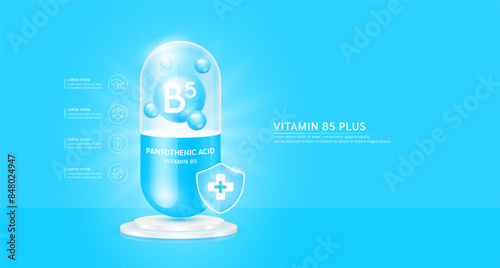 Vitamin B5 plus or Pantothenic acid in blue capsule with cross shield on podium. Antibiotic collagen and minerals essential health care. Medical pharmacy concept. Vector.