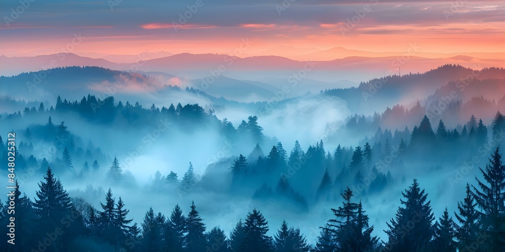 Abstract art print of foggy forest at sunrisesunset in mountain landscape. Concept Mountain Landscape, Foggy Forest, Abstract Art Print, Sunrise/Sunset, Nature Scene