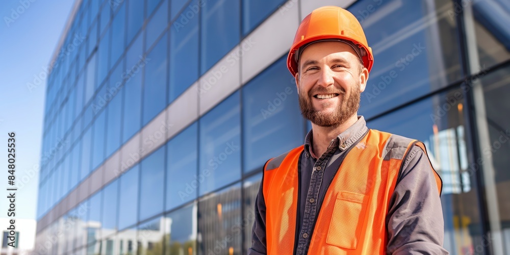 Smiling construction worker in orange safety vest and helmet, construction industry concept, copy space Smiling construction worker in orange safety vest and helmet, construction industry concept, copy space