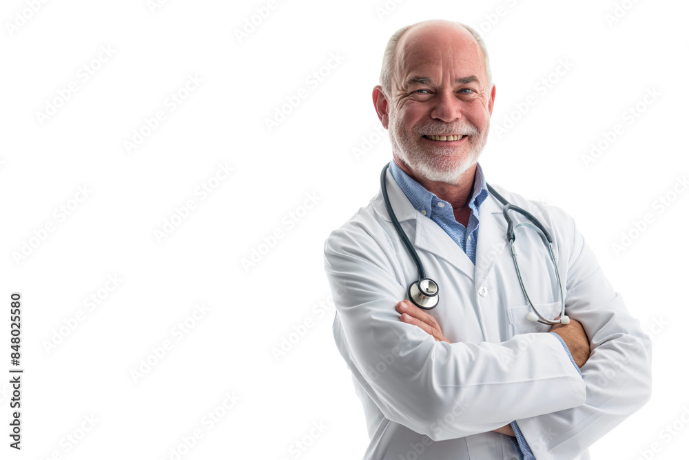 Smiling Bald Senior Doctor in White Lab Coat on White Background Smiling Bald Senior Doctor in White Lab Coat on White Background