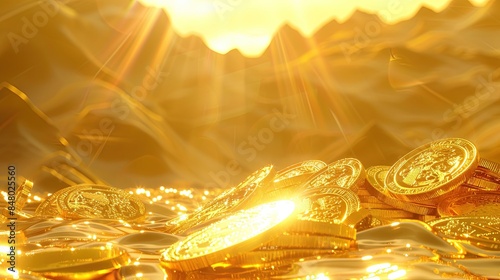 Coins Floating on Gold River Concept of Cryptocurrency Mining Business Presentation Wallpaper Background Template 16:9
