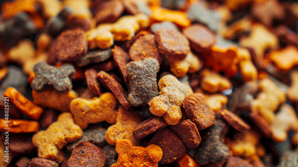 Dry dog food in the form of brown seeds, different shades. Healthy and proper nutrition for domestic dogs. Close-up. Dry dog food in the form of brown seeds, different shades. Healthy and proper nutrition for domestic dogs. Close-up.