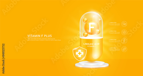 Vitamin F plus or Linoleic Acid in orange capsule with cross shield on podium. Antibiotic collagen and minerals essential health care. For ads dietary supplements and beauty medical pharmacy. Vector.