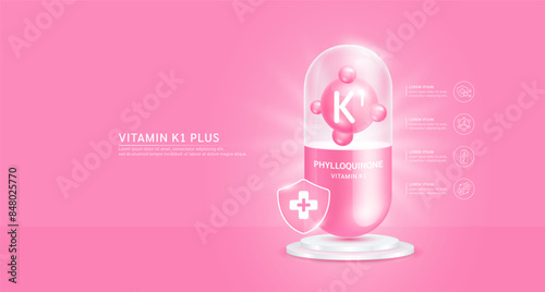 Vitamin K1 plus in pink capsule with cross shield on podium. Antibiotic collagen and minerals essential health care. Banner for ads dietary supplements and beauty. Medical pharmacy concept. Vector.