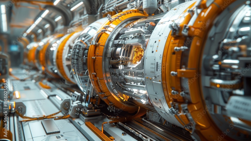 Advanced thermal test on spacecraft parts, futuristic lab, detailed machinery Advanced thermal test on spacecraft parts, futuristic lab, detailed machinery
