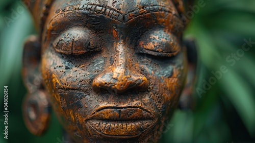 A close-up of an African sculpture with closed eyes, set against a background of lush greenery