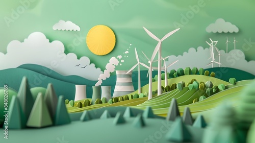 Illustration of renewable energy a paper cut-out transition from traditional energy sources to renewable energy and eco-friendliness and sustainability.