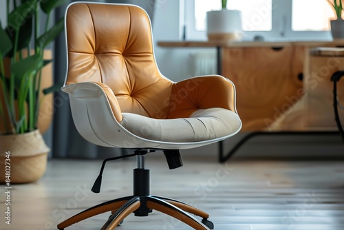 A comfortable brown leather office chair with a white base sits in a modern office setting.
