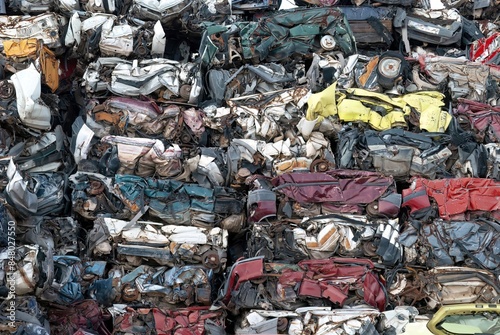 Foto Wallpaper of a multitude of cars stacked and crushed for vehicle recycling, conc