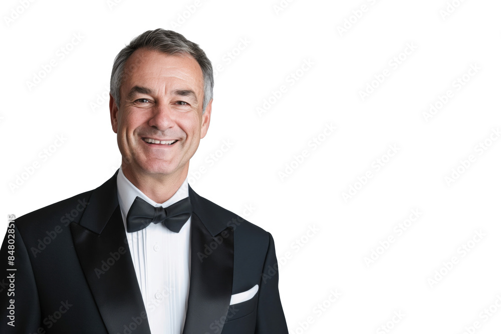 Smiling Senior Man in Black Tuxedo with Bow Tie on White Background Smiling Senior Man in Black Tuxedo with Bow Tie on White Background